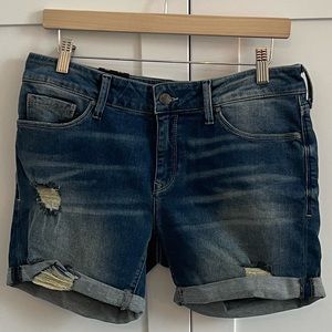 Mavi mid rise midi distressed denim shorts